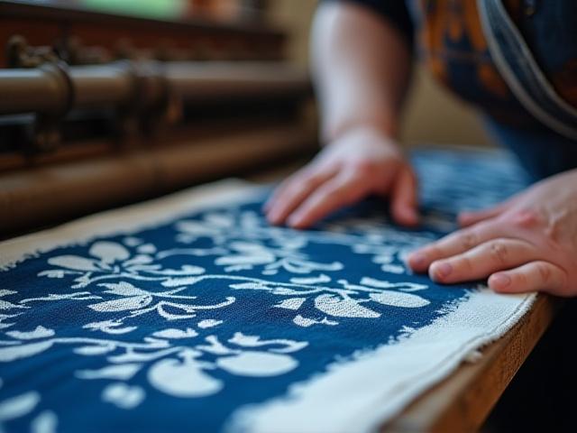 Blaudruckhandwerk in einem historischen Dorf, alte Maschinen und traditionelle Stoffe.