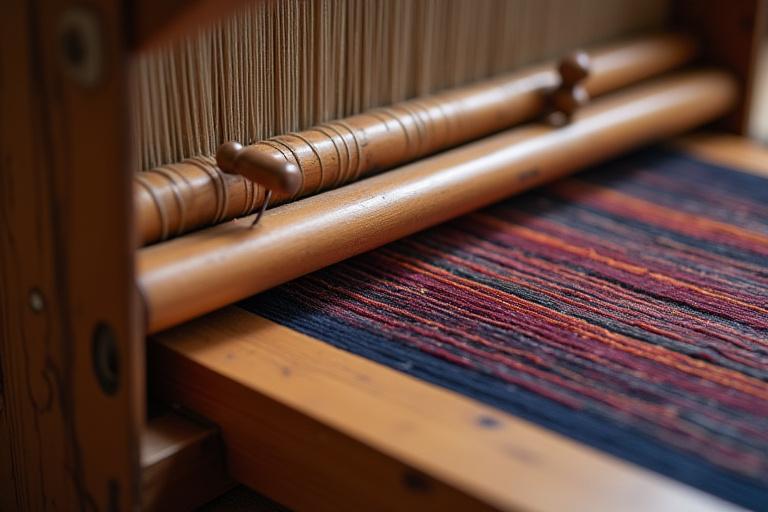 Nahaufnahme einer historischen Textilwebmaschine, die österreichische Handwerkskunst und Präzision symbolisiert.